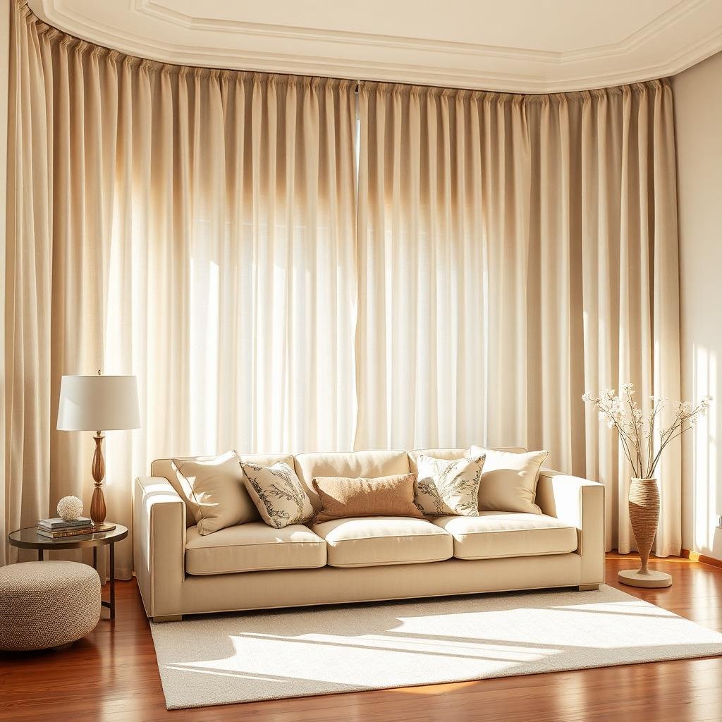 Sala com cortinas e sofá luxuoso